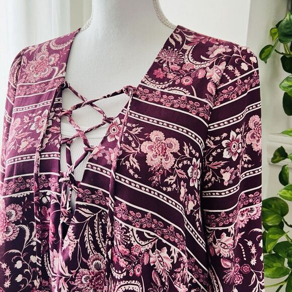 Show Me Your MuMu Burgundy Red Floral Soft Flowy Boho Tunic Dress Blouse Size XS - Picture 5 of 8